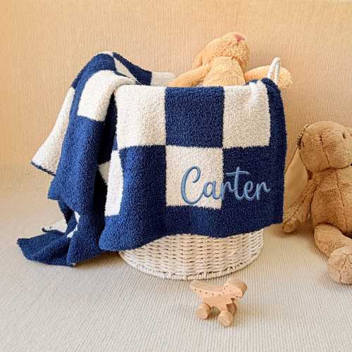 Embroidered Checkered Baby Blanket, Personalized Newborn Gift