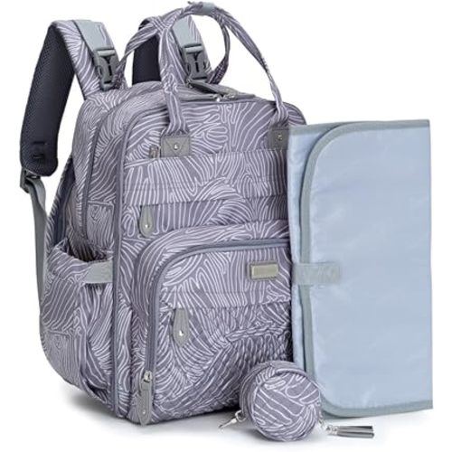 BabbleRoo Diaper Bag Backpack - Baby Essentials, Travel Essentials Baby Bag with Changing Pad, Stroller Straps & Pacifier Case - Unisex, Gray Swirls