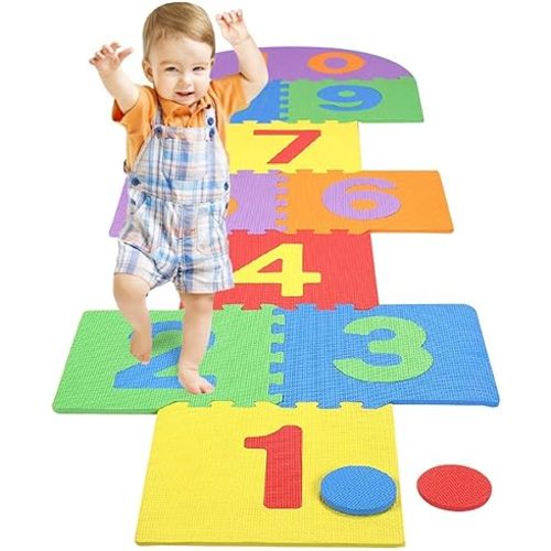 Atarvana Hopscotch Mat for Kids, 12"×12" Hopscotch Interlocking Foam Tiles, Easy to Assemble & Clean, Soft & Reliable EVA Hopscotch Rug, 10 Large Number Foam Play Mats for Most Surface 7 x 2 Ft