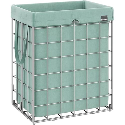 SONGMICS Laundry Hamper, 23.8 Gal. (90L) Laundry Basket, Collapsible Clothes Hamper, Removable and Washable Liner, Metal Wire Frame, for Bedroom Bathroom, Silver and Mint Green ULCB190C01