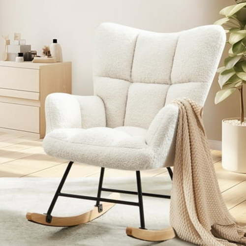 CONCETTA Rocking Chair Teddy, High Backrest, Comfortable Stylish with Padded Seat Glider Rocker for Living Rooms, Bedrooms, Offices, White
