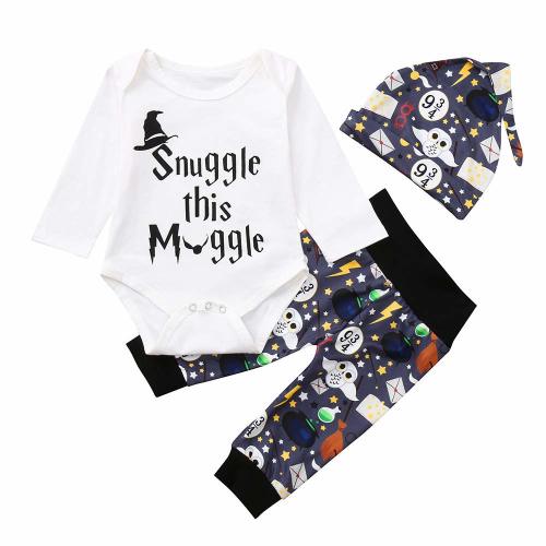 Hatoys Newborn Baby Boy Girl Letter Romper Jumpsuit Cartoon Long Pants Hat Outfits Set