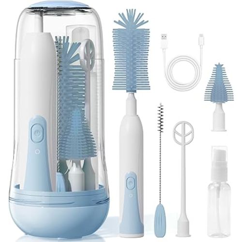 Electric Bottle Brush Cleaner, Baby Bottle Cleaning Kit with Nipple Straw Brushes Drying Rack Soap Dispenser Rechargable Waterproof Multi-Purpose E-Brush Set for Travel & Home, Blue
