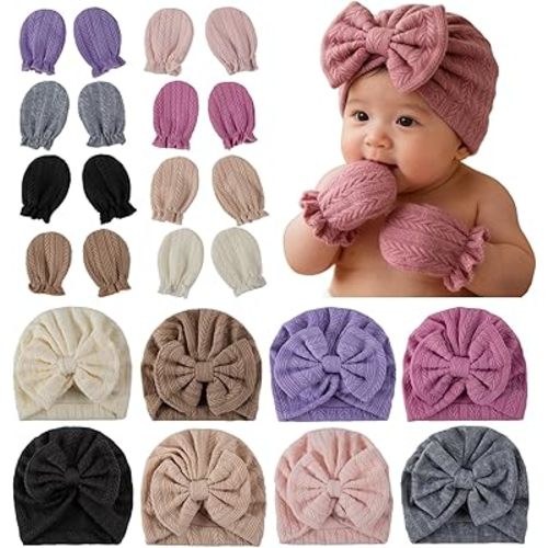 8 Sets Newborn Baby Hats & Mittens Cotton Preemie Infant Bow Beanies Caps Mitten Gloves Hospital Beanie Hat for New Born Boy Girl 0-3 Months