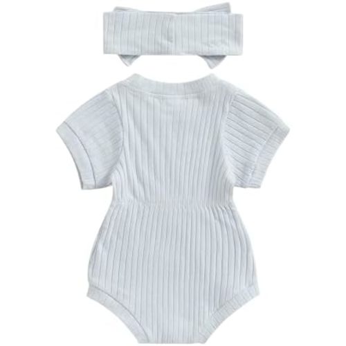 Baby Girl Summer Clothes Ribbed Short Sleeve Romper Solid Color Bodysuits Bow Headband Outfit Newborn Girl Jumpsuit