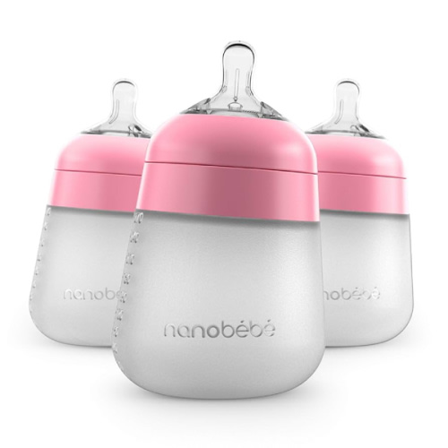 nanobebe Flexy Silicone Baby Bottle Anti-Colic Nipple, Soft Body, Stable Base - Pink - 9oz/2pk