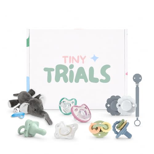 Pacifier Trial Pack Variety Box for Newborns 0–6 Months – 9 BPA-Free Silicone Baby Pacifiers + Pacifier Clip (Dr Brown's, Nuby, Dr. Talbot’s, Chicco, Suavinex) – Baby Registry Must-Have, Tiny Trials