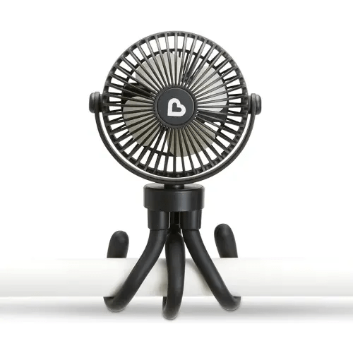 Munchkin Stroller Fan - Portable Fan for Travel, Baby Gear Accessory with 4 Speeds, Flexible Clip-on Leg Attachment, Rechargeable Battery, Black with Multicolored LED Lights