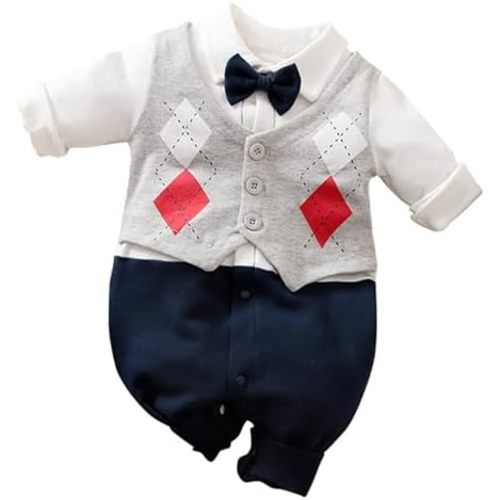 HUAANIUE Newborn Baby Boys Gentleman Romper One Piece Long Sleeve Bowtie Outfit Formal Wear Tuxedo Suit