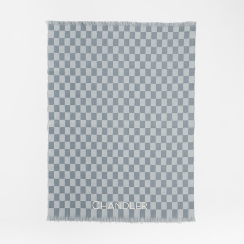 Personalized Cloudy Blue Checkmate Baby Stroller Blanket by Leanne Ford