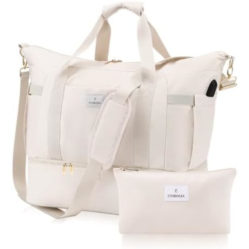 Weekender Bags for Women, Large Travel Duffel Bags with Shoe Compartment and USB Charging Port, Carry on Overnight Bag with Toiletry Bag for Gym, Maternity, Sports, Business Trip - Beige