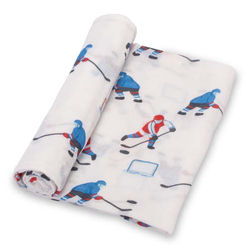 LollyBanks IceHockey Swaddle Blanket 100% Muslin Cotton; 47 x 47 inches Soft Breathable Muslin Baby Swaddles for Boys, Baby Essentials, Registry and Gift