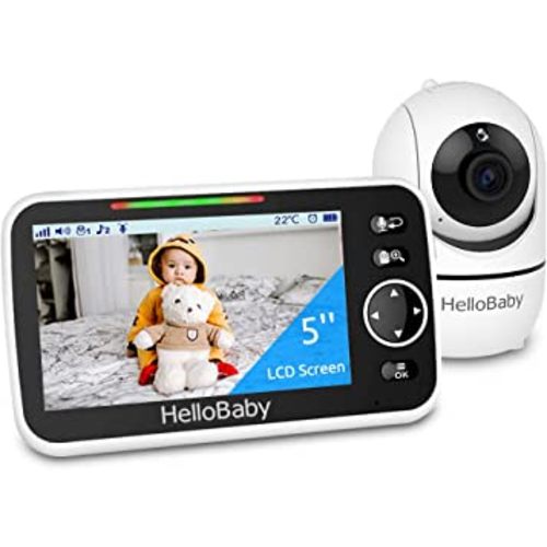HelloBaby Baby Monitor, 5''Sreen with 30-Hour Battery, Pan-Tilt-Zoom Video Baby Monitor with Camera and Audio, No WiFi, 1000ft Range, ECO, 2-Way Talk, 8 Lullabies and Night Vision, Time & Alarm