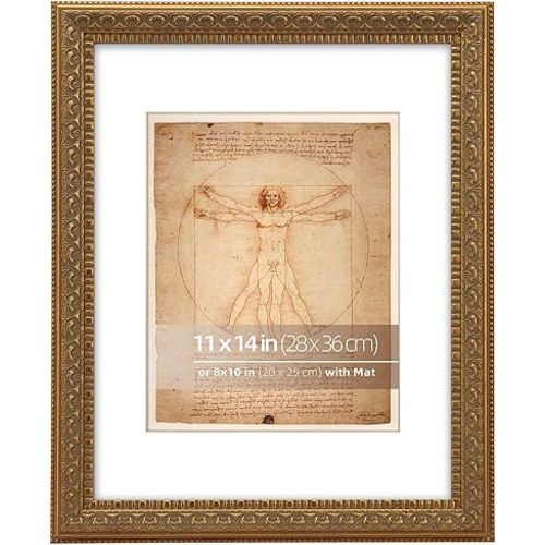11x14 Antique Gold Ornate Vintage Classic Picture Frame, With Mat 8x10 inches, Real Glass Protection, Horizontal or Vertical Display