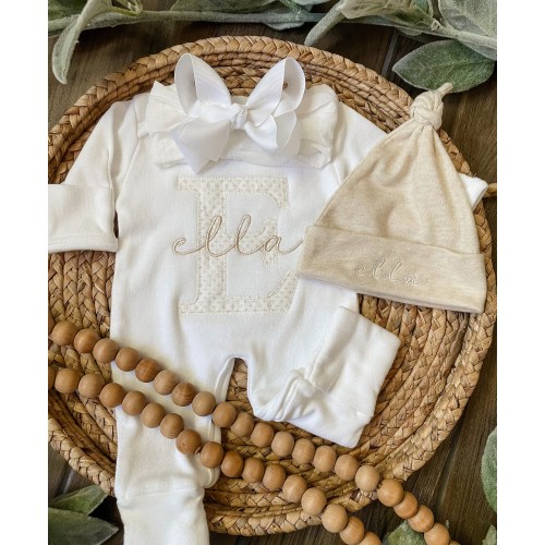 Personalized neutral baby girl sleeper with footies, custom infant coming home outfit and hat set, neutral newborn baby romper, baptism set