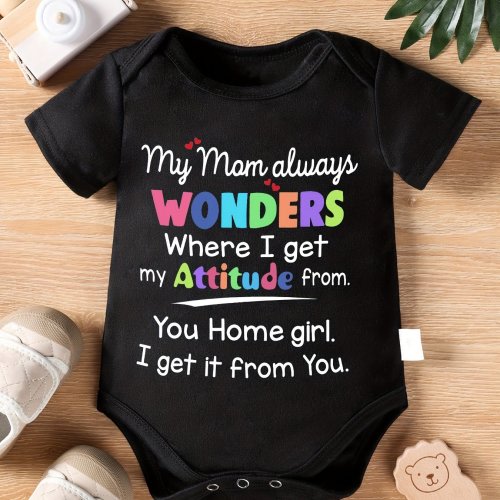 Infant&#39;s &quot;My Mom Always Wonders&quot; Print Triangle Bodysuit, Casual Short Sleeve Onesie, Baby Girl&#39;s  Outdoor Clothing