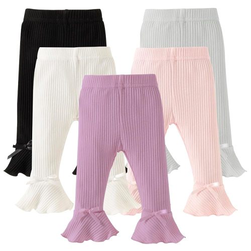 DREAM BUS 5 Pack Baby Pants Toddler Girl Ribbed Ruffle Bell Bottoms Toddler Leggings Baby Boy Pants Newborn Girl Flare Pants