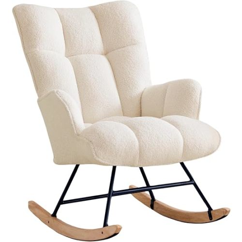 Rocking Chair Nursery Glider Rocking Chair Teddy Rocking Accent Chair Nursery Rocker Nursing Rocking Chair for Living Room Bedroom Office (Ivory, Teddy)