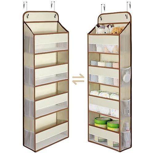 Yecaye 1 Pack Over the Door Storage Organizer, 35.2lbs Load Closet Door Organizer Hanging, No Sagging Bathroom Organizer with 4 Bins 6 Side Pockets, Door Storage for Nursery Baby Essentials, Beige