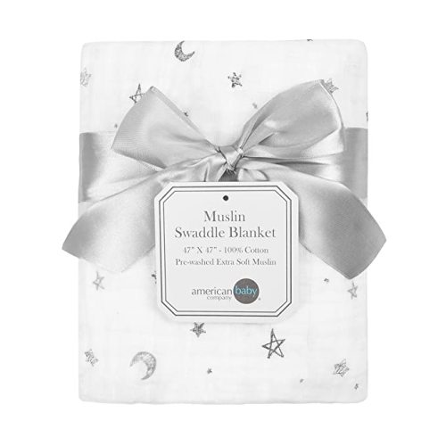 American Baby Company 100% Cotton Muslin Swaddle Blanket, Soft, Breathable & Lightweight, Gray Stars/Moon, 47" x 47" for Boys and Girls, Perfect for Swaddling, Travel and Gifting - 1 Pack - 47" X 47" - Gray Stars/Moons