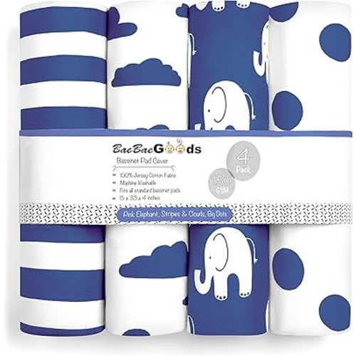 Bassinet Bed Sheets – Premium Bassinet Fitted Sheet for Halo, Mika Micky, Maxi COSI & Others - 4 Pack 100% Jersey Knit - Bassinet Bedding for Standard Size Oval or Halo Bassinet Pads for Boys & Girls