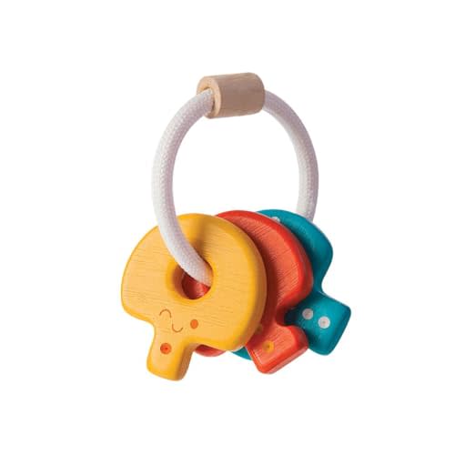 PlanToys Wooden Baby Key Rattle and Teether Early Learning Baby Toy (5217) | Rainbow Color Collection | Sustainably Made from Rubberwood and Non-Toxic Paints and Dyes | Eco-Friendly PlanWood.