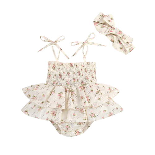 Mevireiy Baby Girls Smocked Romper Dress Vintage Floral Print Halter Strap Frill Playsuit