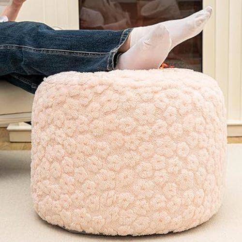 Ottoman Foot Rest Stuffed Round Boho Floor Poof Seating Armchair Ottoman Foot Stool Floor Cushion Bean Bag Pouf 18x18x14 Inch Pink