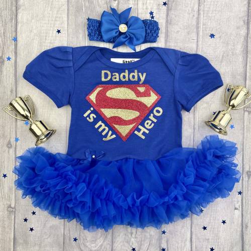 Daddy is my Hero Superman Outfit, Baby Girl’s Tutu Romper with Bow Headband, Newborn Superhero Father's Day Present