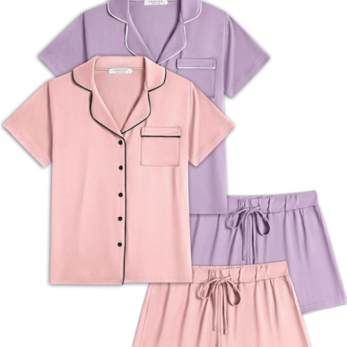 Ekouaer 2 Pack Womens Pajamas Set Button Down Summer Sleepwear Short Sleeve Comfy Pjs Loungewear Set