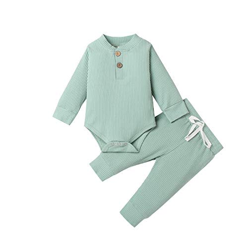 Newborn Baby Boy Girl Clothes Ribbed Knitted Cotton Long Sleeve Romper Long Pants Solid Color Fall Winter Outfits