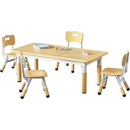 Brelley Kids Table and 4 Chairs Set, Height Adjustable Toddler Table and Chair Set, Graffiti Desktop, Non-Slip Legs, Max 300lbs, Children Multi-Activity Table for Ages 2-8