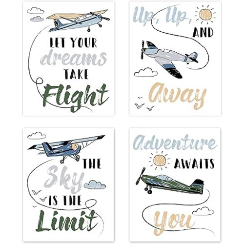 Sweet Jojo Designs Set of 4 Wall Art Prints (Vintage Airplane) for Boys, Baby/Infant Nursery Room, Kids Bed Room Decor Unframed Artwork (Airplanes, Transportation, Clouds, Sun, Sky, Aviator, Aviation)