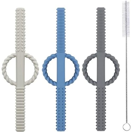 YAPROMO Silicone Baby Teether Tubes for Infants with Nursing Biting Chewing - 3 Pack 3 Pcs-Blue&Beige&Grey