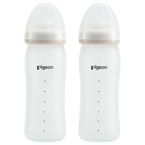 Pigeon Silicone Coating (Glass Inside/Silicone Outside) Nursing Bottle, Wide Neck, Natural Feel, Easy to Clean, Heat-Resistant, 8.1 Oz (Pack of 2), Includes 2 pcs M Nipples (3m+)
