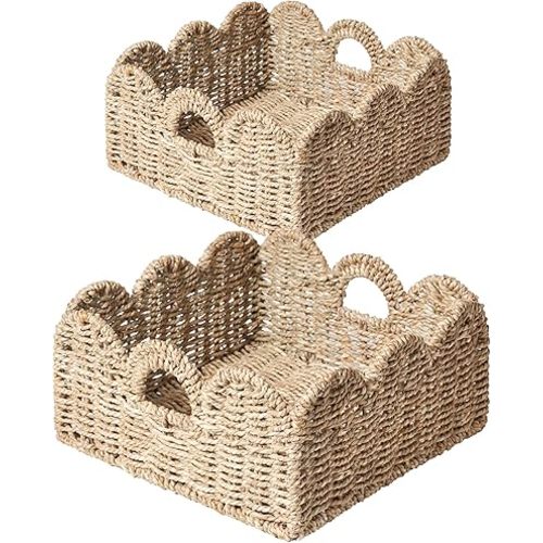 Scalloped Basket 2 Pack Wicker & Rattan Storage with Built-in Handles, Decorative Woven Seagrass Basket for Nursery & Bathroom Organization