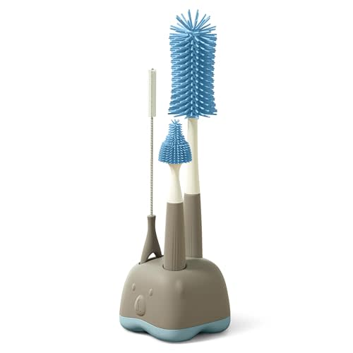 Silicone Bottle Brush Cleaning Set, Gray, Nipple Cleaner, Straw Brush, Includes Drying Rack Stand.