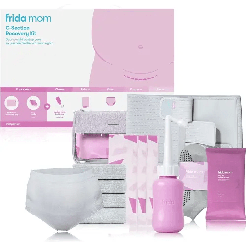 Frida Mom C-Section Recovery Must Have Kit for Labor, Delivery, & Postpartum, Socks, Peri Bottle, Disposable Underwear, Abdominal Support Binder, Shower Wipes, Silicone Scar Patches, & Toiletry Bag