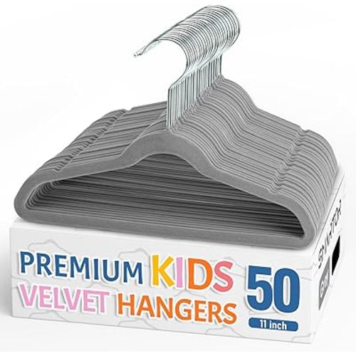 Smartor Premium 11 Inch Baby Hangers 50 Pack, Grey Kids Velvet Hanger, Non Slip, Space Saving Felt Hangers Clothes Organizers for Closet with 360° Swivel Hook for Children, Infant & Toddler