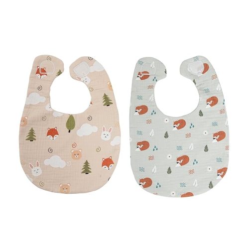 Pearhead Woodland Muslin Baby Bib Set, Neutral Baby Boy or Girl Feeding Accessory, Cotton Muslin Drool Bib Set, Lightweight Bibs For Babies 0+ Months, Set Of 2