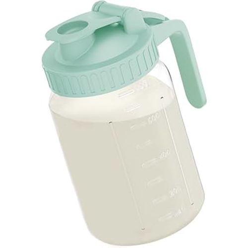 Breast Milk Pitcher Jug - 32 oz Glass Mason Jar Airtight Pitcher with Pour Spout Handle for Breastmilk, Iced Tea, Ice Drinks Storage Container（Green）