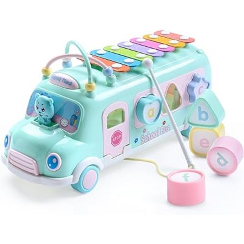 Baby School Bus Xylophone Toy for Toddlers 1-3, 5-in-1 Montessori Musical Bus Toys Gifts for 1 Year Old Baby Girl, Shape Sort Toys Knocking Xylophone Educational Instruments Birthday Gift Boy Girl