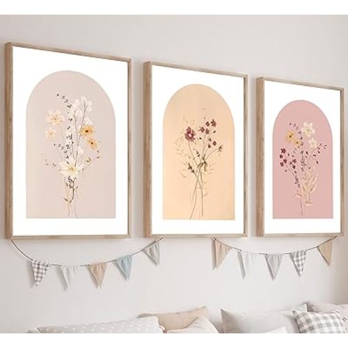 3Pcs Watercolor Wildflower Wall Art Pictures Neutral Botanical Floral Wall Decor Vintage Boho Flowers Bouquet Painting Minimalist Canvas Posters Prints for Living Room Bedroom 16x24in Unframed