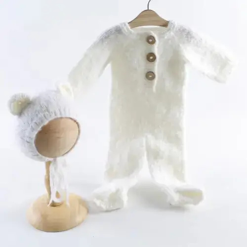 White Knit Bear Newborn Outfit with Ears