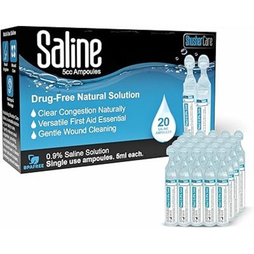 Shusher Care Saline Ampoules - Saline Solution, Sodium Chloride 0.9%, Nasal Cleanse for Babies, Kids, & Adults, Sterile Nasal Care, Wound Cleansing - 20 Count (5ml Each)