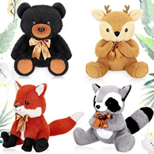 Woodland Stuffed Animal Halloween Jungle Animal Toy Set Including Plush Elk Fox Raccoon Black Bear Realistic Toy Woodland Forest Animals Mini Plush Wild Animals Toys (Cute Style)