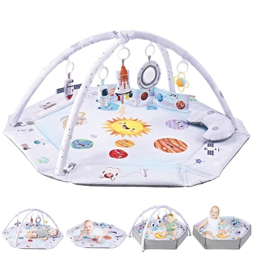 Heytronda Baby Gym Play Mat,7-in-1 Tummy Time Mat & Ball Pit with 6 Toys,Washable Baby Activity Play Mat for Sensory and Motor Skill Development Language Discovery,Baby Toys Gift for Toddler Infant