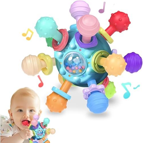 Baby Montessori Teething Toys 0-6 6-12 Month, Food Grade Baby Rattle Chew Sensory Teething Toys, Newborn Infant Learning Developmental Birthday Gifts for Boys Girls - Blue