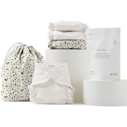 Esembly Cloth Diaper Try-It Kit, Starter Gift Set, Includes 3 Organic, Reusable Diapers Inners, 1 Stylish Outer, Patented Detergent & Wet Bag - Earth-Friendly Diapering, Terrazzo, Size 1 (7-18lbs)