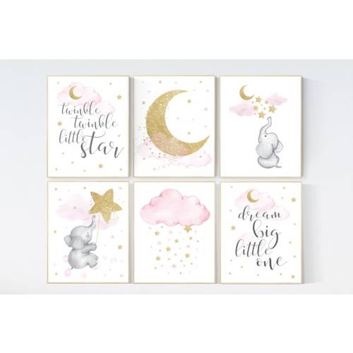 Twinkle twinkle little star, Pink gold nursery decor, Moon cloud star nursery, elephant, giraffe, baby girl nursery prints, nursery ideas